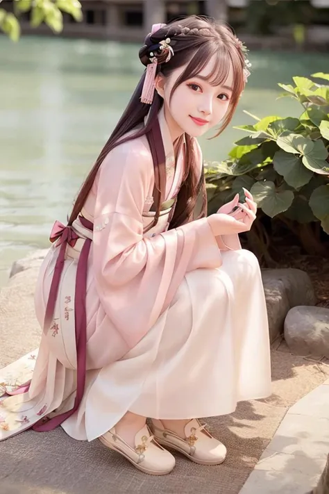 (4k, best quality), (realistic, photo-realistic), <lora:hongkongdolllikeness_v15:0.4>, hkgirl, perfect hand,cute, dating, (nose blush), (closed mouth) small breasts, beautiful detailed eyes,1girl wearing songstyle,<lora:hanfu_v28:0.6>,(songstyle,hanfu,full body:1.2),looking at viewer, (smile:1.15)