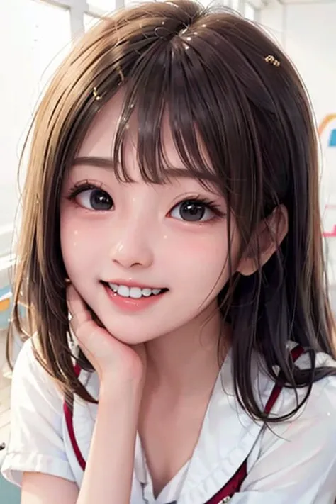 masterpiece, best quality, photorealistic, 1girl, smile, teeth, flat bangs, stunning innocent symmetry face, school uniform, black eyes, emotional, ulzzang, (PureErosFace_V1:0.7) <lora:hongkongdolllikeness_v15:0.75>