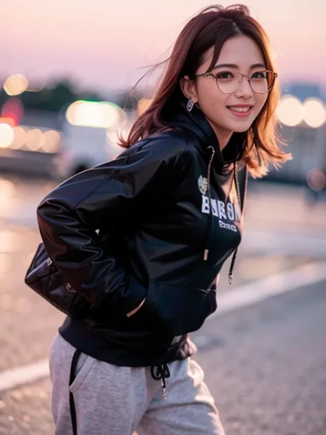 (8k, RAW photo, best quality, masterpiece:1.2), (realistic, photo-realistic:1.37), best quality, ultra high res, photon mapping, radiosity, physically-based rendering, ((solo)),(1girl:1.3), ((glasses)), ((hoodie)), ((sweatpants)), standing, naughty face, cute, (laughing), (happy), (Kpop idol), (aegyo sal:1), ((puffy eyes)), looking at viewer, posing, (full body), small breasts, busty, butt, cityscape, night, (bokeh:1.4), photographed with a nikon d850, Nikon AF-S nikkor 58mm f/1.4G lens, by Laurence Demaison, ((wink)), ((hair blown by air)) ,<lora:hongkongdolllikeness_v10:0.5> , (pureerosface_v1:0.5), (ulzzang-6500-v1.1:0.5)