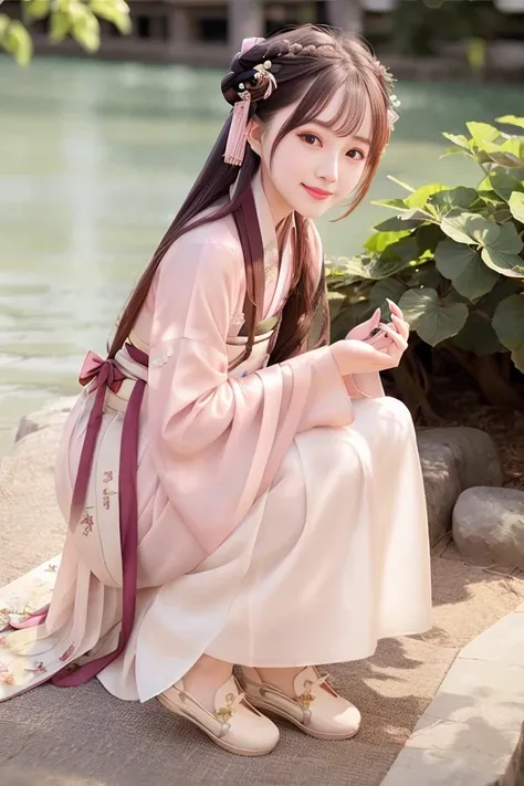 (4k, best quality), (realistic, photo-realistic), <lora:hongkongdolllikeness_v15:0.4>, hkgirl, perfect hand,cute, dating, (nose blush), (closed mouth) small breasts, beautiful detailed eyes,1girl wearing songstyle,<lora:hanfu_v28:0.6>,(songstyle,hanfu,full body:1.2),looking at viewer, (smile:1.15)