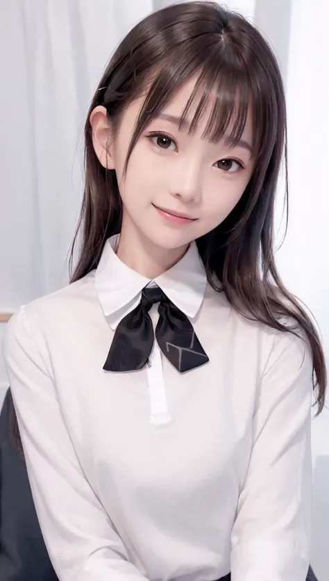 (masterpiece, highest best quality, high resolution, highly detailed, original:1.2),17-year-old girl,slender,thin,random hairstyle,random expression,dark gray collar,white (long-sleeved / short-sleeved)  posing,street,dark grey bow tie on hair,smile,no makeup,(realistic:1.4),<lora:HongKongDollLikeness:0.8>,office background,