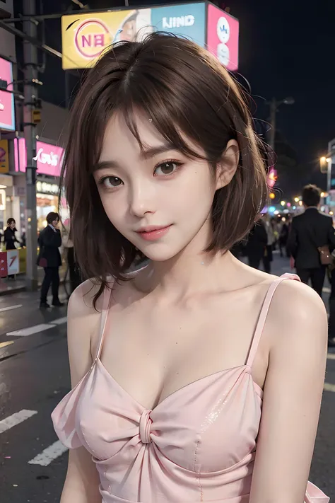 best quality, 8K, HDR, highres, absurdres:1.2, blurry background, bokeh:1.2, Photography, (RAW photo:1.2), (photorealistic:1.4), (masterpiece:1.3), (intricate details:1.2), 1girl, solo, japanese girl, delicate, beautiful detailed, (detailed eyes), (detailed facial features), petite, beautiful and clear eyes, detail eye pupil, (((large breasts))), ((((short hair)))), ((((brown hair)))),skin tight, (looking_at_viewer), from_front, (skinny), (best quality:1.4), (ultra highres:1.2), cinema light, (extreme detailed illustration), (lipgloss, best quality, ultra highres, depth of field, caustics, Broad lighting, natural shading, 85mm, f/1.4, ISO 200, 1/160s:0.75),1girl, solo, ((smile)), (((slim body))), (ulzzang-6500-v1.1:0.5), upper body, ((((pink formal dress:1.2)))), standing,(pureerosface_v1:0.5), Tokyo street,night, cityscape,city lights, close up, <lora:Japanese-doll-likeness:0.3>, <lora:hongkongdolllikeness_v15:0.3>, <lora:koreanDollLikeness_v15:0.3>