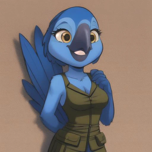 Portrait of Bia <lora:Bia Rio V1:0.7>, cartoon, female macaw, blue feathers, looking at viewer, smile, battlefield, military uniform, Vietnam War, 1960's