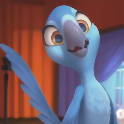 Portrait of Bia <lora:Bia Rio V1:0.7>, cartoon, cgi, female macaw, blue feathers, large pupils, looking at viewer, front view, detailed, high quality, 4k, standing on a soundstage, film studio, eyelashes