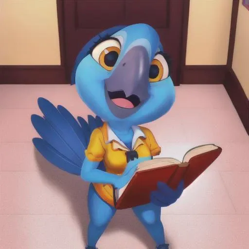 Portrait of Bia <lora:Bia Rio V1:0.8>, cartoon, female macaw, blue feathers, looking up at viewer, smile, indoors, hallway, holding onto books, schoolgirl clothes, nsfw