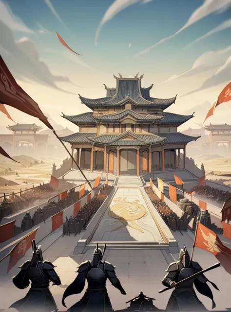 Heavenly Palace,ancient China,march,be at war,flags,battlefield,army,Overlooking,armor,8k,best quality,masterpiece,highres,absurdres,edgQuality,<lora:DetailedEyes_V3:1>,<lora:WildcardX-XL-Detail-Enhancer:1>,<lora:add-detail-xl:1.5>,<lora:yuanzun-000160:0.6>,