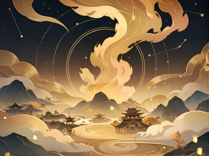 cloud patterns,mountain patterns,Flame pattern,Vortex cloud,Stars,constellations,Golden architecture,Gold Theme,8k,best quality,masterpiece,highres,absurdres,edgQuality,<lora:DetailedEyes_V3:1>,<lora:WildcardX-XL-Detail-Enhancer:1>,<lora:yuanzun-000160:0.6>,Ancient China,<lora:add-detail-xl:1.5>,