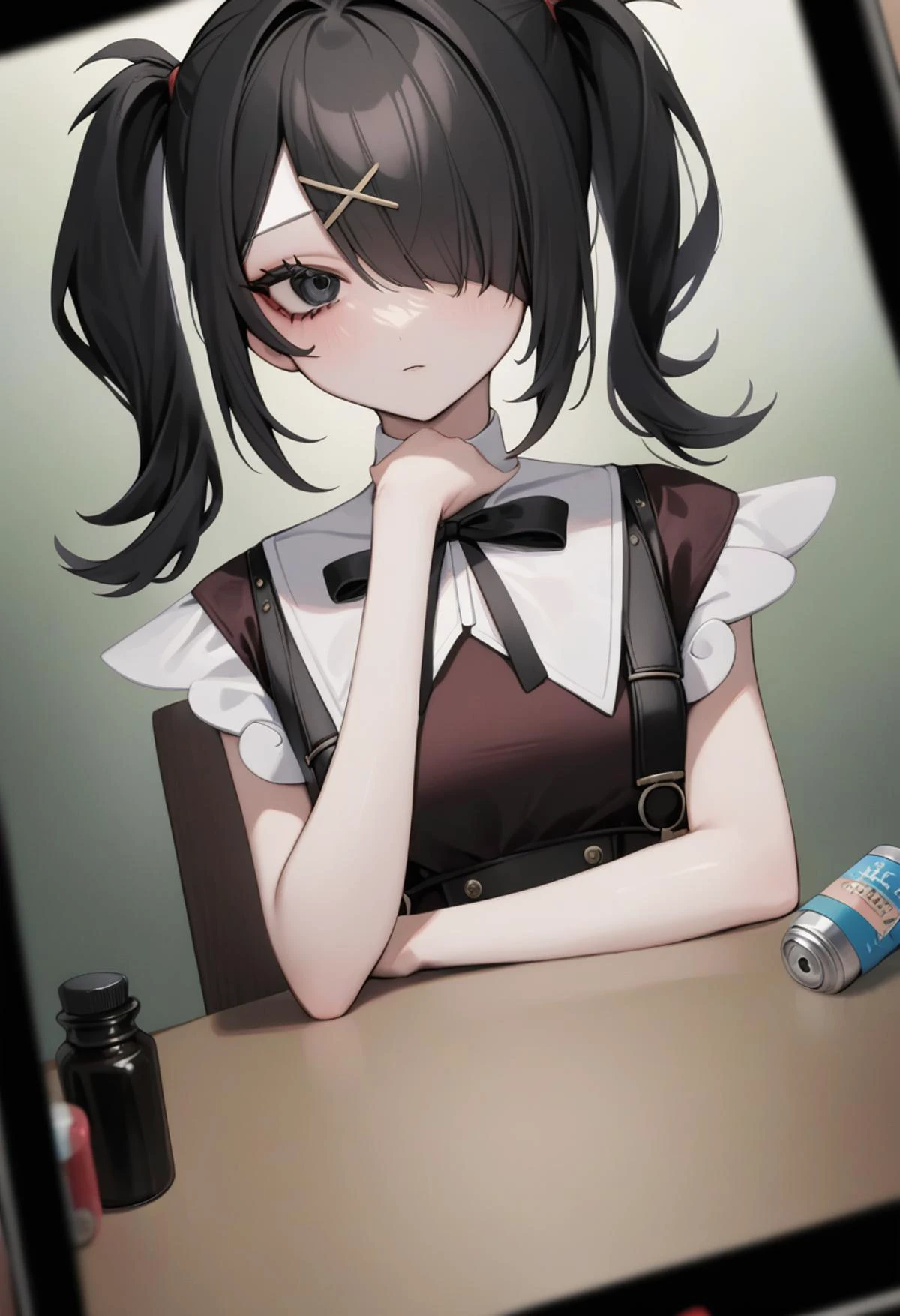 viewfinder, ame-chan \(needy girl overdose\), 1girl, solo, twintails, black hair, hair over one eye, black eyes, x hair ornament ,black ribbon, neck ribbon, suspender skirt, shirt,
(pill,pill bottle:1.3), pov,
masterpiece, best quality, very aesthetic, absurdres,
<lora:lora_YamiStyle_xl_v1_amg:0.8> <lora:ame-chan:1> <lora:bulgeallXLP-v1:0.6>