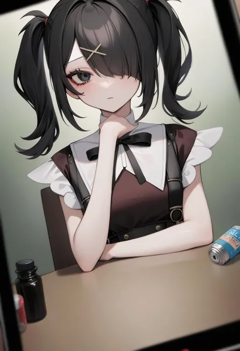 viewfinder, ame-chan \(needy girl overdose\), 1girl, solo, twintails, black hair, hair over one eye, black eyes, x hair ornament ,black ribbon, neck ribbon, suspender skirt, shirt, 
(pill,pill bottle:1.3), pov, 
masterpiece, best quality, very aesthetic, absurdres,
<lora:lora_YamiStyle_xl_v1_amg:0.8> <lora:ame-chan:1> <lora:bulgeallXLP-v1:0.6>