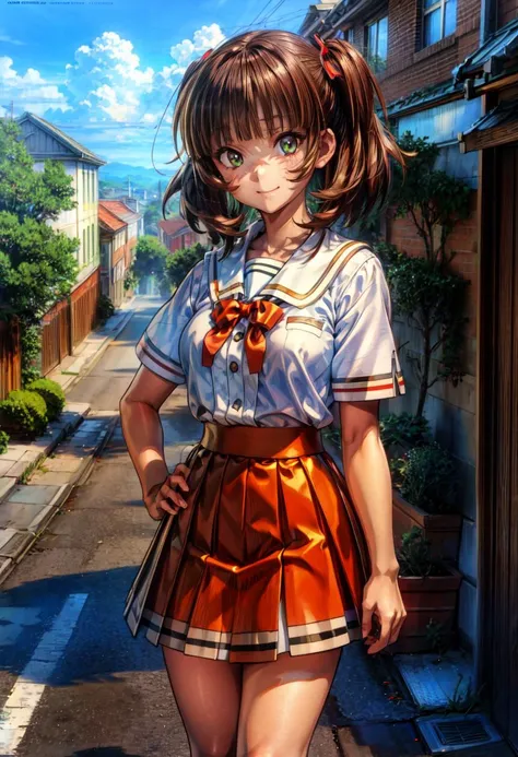 (Highres), (Detailed Illustration), Ultra-Detailed, 8k, nsfw, <lora:Akane_LoRA_AdamW_Dim64_Alpha32_5e-5_20batch_CosineAnnealingLR_NAI-000015:1>, akane_ichimonji, 1girl, brown hair, short hair, blunt bangs, green eyes, sailor collar, school uniform, bowtie, short sleeves, orange skirt, 1990s \(style\), smile, looking at viewer, hand on hip, standing, building, town, road, car  <lora:add_detail:1> <lora:hairdetailer:0.8>