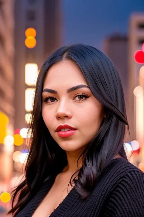 a image of face of CamilaC_T_V7-600 (with black sweater:1.2), ((front view:1.2)) ,red lips ,and a (((extra close up))), pale skin, background is city ruins, (high detailed skin:1.2), 8k uhd, dslr, soft lighting, high quality, film grain, Fujifilm XT3