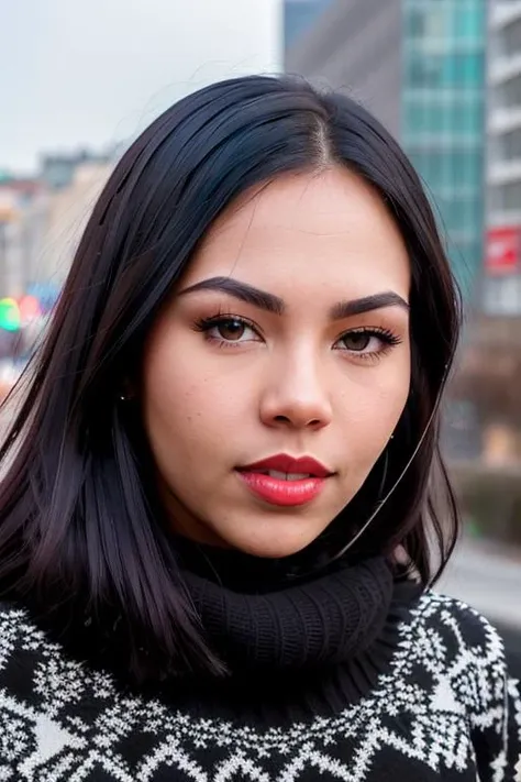 a image of face of CamilaC_T_V7-600 (with black sweater:1.2), ((front view)) ,red lips ,and a (((extra close up))), pale skin, slim body, background is city ruins, (high detailed skin:1.2), 8k uhd, dslr, soft lighting, high quality, film grain, Fujifilm XT3