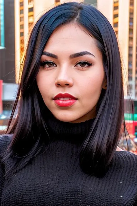 a image of face of CamilaC_T_V7-600 (with black sweater:1.2), (((front view))) ,red lips ,and a ((close up)),(extra close to camera), pale skin, slim body, background is city ruins, (high detailed skin:1.2), 8k uhd, dslr, soft lighting, high quality, film grain, Fujifilm XT3