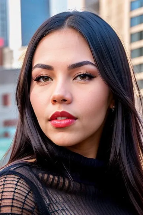 a image of face of CamilaC_T_V7-600 (with black sweater:1.2), ((front view)) ,red lips ,and a (((extra close up))), pale skin, slim body, background is city ruins, (high detailed skin:1.2), 8k uhd, dslr, soft lighting, high quality, film grain, Fujifilm XT3