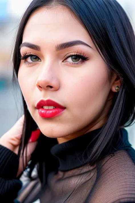 a image of face of CamilaC_T_V7-600 (with black sweater:1.2), ((front view:1.2)) ,red lips ,and a (((extra close up))), pale skin, background is city ruins, (high detailed skin:1.2), 8k uhd, dslr, soft lighting, high quality, film grain, Fujifilm XT3