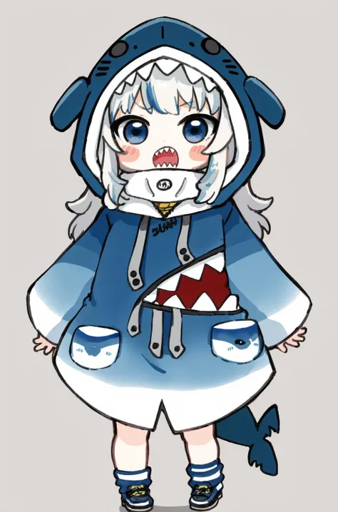 nozochibi, 1girl, solo, blush stickers, (chibi:1.5), simple background, full body, <lora:nozo-08:1>, 1girl, shark tail, gawr gura, sharp teeth, teeth, long hair, hood, hoodie, blue hoodie, <lora:gura:1>