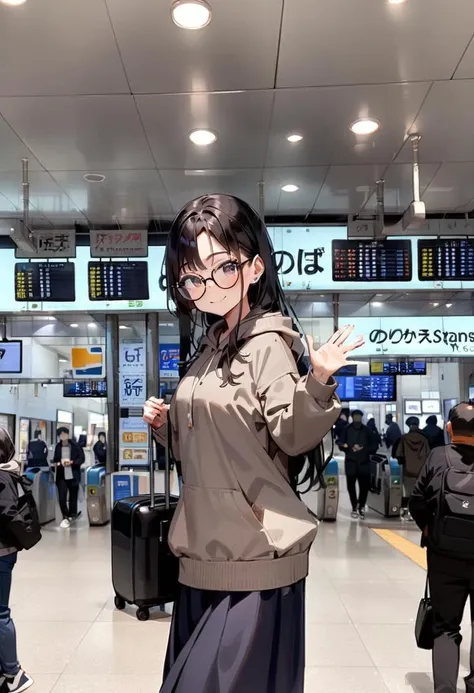 masterpiece, best quality, very aesthetic, absurdres,
1girl, solo, glasses, black hair, long hair, hoodie, pants, rolling suitcase, smile, looking at viewer, solo focus, waving, 
shinosaka, norikaeguchi, ticket gate, 6+boys, multiple boys, train station, indoors, ceiling light, bag, ceiling, photo background
 <lora:shinosakaeki_norikaeguchi_SDXL_V1:1>