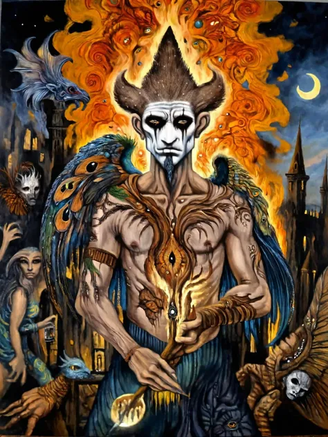 Design me a {Colossal Masterpiece, realistic oil painting, best quality, by Gustave Moreau, chiaroscuro, iridescent, holographic}, dramatic portrait of a male elven Garuda, ((his skin is deep yellow)). (((He is splattered in blood, displaying rainbow color wings, reclined on a throne in a jungle temple))).