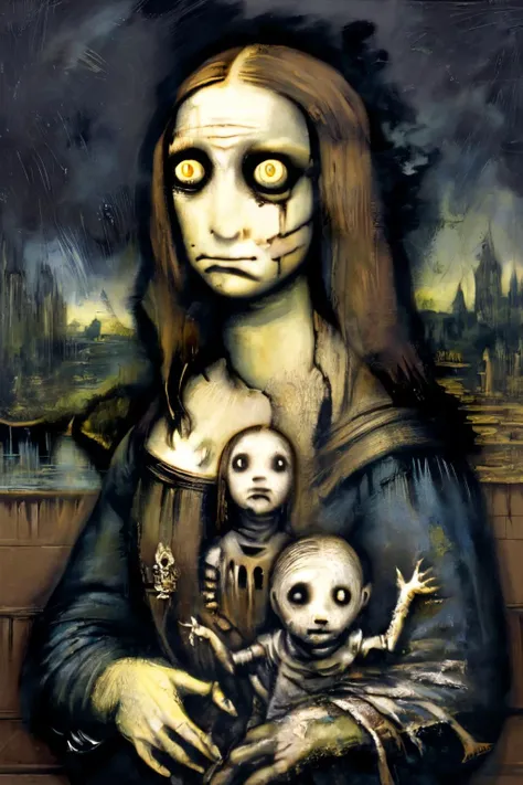Horror-themed <lora:CBarkerAIXL-1102:1>,painting (medium) cbarkerai,mona lisa,extremely detail,intricate interpretation, . Eerie, unsettling, dark, spooky, suspenseful, grim, highly detailed