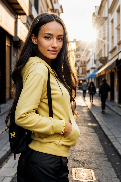 (Art Photography, Award Winning) (black long hair with blonde streaks:1.3) DV_Selma_Vicious in (yellow track pants) and a Hoodie)(Steve McCurry, 35mm, F/2.8), (Photo Focus, DOF, Aperture, insanely detailed and intricate, character, hypermaximalist, beautiful, revealing, appealing, attractive, amative, hyper realistic, super detailed)(DOF, blurry background, sunrise)(Lens Flare:1.3) Heresy flare, (god rays:1.1) (smiling at the viewer)