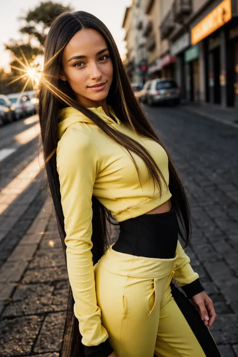 (Art Photography, Award Winning) (black long hair with blonde streaks:1.3) DV_Selma_Vicious  in (yellow track pants) and a Hoodie)(Steve McCurry, 35mm, F/2.8), (Photo Focus, DOF, Aperture, insanely detailed and intricate, character, hypermaximalist,  beautiful,  revealing, appealing, attractive, amative, hyper realistic, super detailed)(DOF, blurry background, sunrise)(Lens Flare:1.3) Heresy flare, (god rays:1.1) (smiling at the viewer)