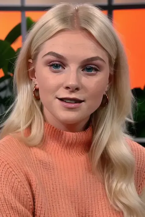 raw photo of a stunningly beautiful young woman, [blonde], perfect face, clear eyes, on a daytime tv talk show, orange sweater, upper body, close up, (uhd 8k, masterpiece, fujifilm xt3), [smiling:0.5] <lora:femkeMeines:0.7>