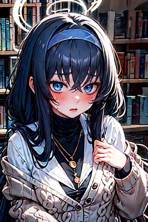 (masterpiece, best quality), 1girl, beautiful face, <lora:ui_bluearchive:1> ui_bluearchive, long_hair, black_hair, bangs, hairband, halo, bags_under_eyes, blue_hairband, blue_eyes, hair_between_eyes, blush, jewelry, necklace, cardigan, very_long_hair, breasts