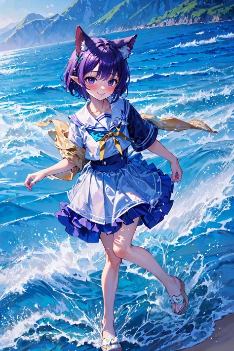 (masterpiece, top quality, best quality, beautiful and aesthetic:1.2), (1girl:1.3), original,, purple hair, short hair, bangs, black eyes, elf, pointy ears, white sailor collar, neck ribbon, layered skirt, small breasts, smile, animal ears, straight-on, full body, beach, ocean, waves, island, dawn, holding object, shy, blush