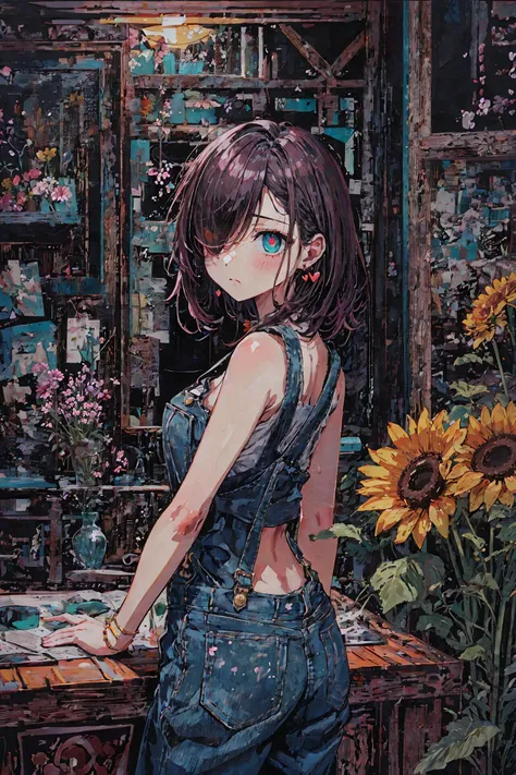 <lora:TUYA5:1> surrealistic, tuyawang, abstract, doodle art, (masterpiece, top quality, extremely detailed, best quality, beautiful and aesthetic:1.2), (1girl:1.3), original, high resolution, surreal,, panorama, flower field, flowers, indoors, dark, looking back, amber hair, medium hair, hair over one eye, turquoise eyes, thick, sleeveless, Overalls, heart earrings, small breasts, sad, sunglasses, sad