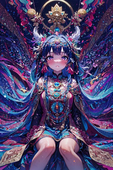 (masterpiece, top quality, best quality, official art, beautiful and aesthetic:1.2), (1girl:1.3), (fractal art:1.3), high resolution, petite, extremely detailed, detailed background, abstract background, multicolored background, cinematic lighting, illustration, solo, active pose, kareido (kaleidoscope), (thangka apsaras:1), divinity, light rays, hair ornament, sitting, lotus, geometry, figure four sitting, bangs, okappa, wavy hair, quin tails, pov,