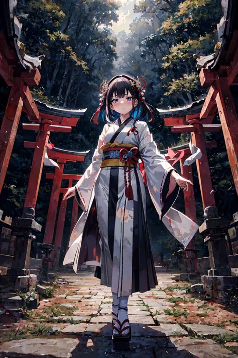 (masterpiece, top quality, best quality, official art, beautiful and aesthetic:1.2), (1girl:1.3), high resolution, surreal, shintoism, kami, divinity, scriptures, torii, gateway, long sash, colorful sash, (fractal art:1.3), koijiki, nihon shoki, expressionless, wide angle, wide shot, cowboy shot, japanese clothing, raijin,