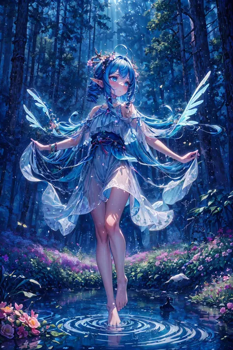 (masterpiece, top quality, best quality, beautiful and aesthetic:1.3), (1girl:1.3), (fractal art:1.3), original, extreme detailed, colorful, enchanted forest, nature, trees, dryad, antlers, pointy ears, flowers, active pose, full body, flower hair, bright color hair, glowing hair, divine, goddess, barefoot, doll face, upturned eyes, long eyelashes, animals, birds, (nude:0.5), looking away, ((glowing water)), lake, flower bed, ((wisps)), (night), petite  <lora:add_detail:0.7>, diagonal bangs, hair slicked back, drill hair,