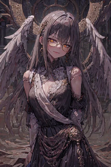 <lora:angel_wings_v10:1> angel, angel wings <lora:doll_joints_v0.1:1> doll joints, (masterpiece, top quality, extremely detailed, best quality, beautiful and aesthetic:1.2), (1girl:1.3), original, high resolution, surreal,, upper body, city, city lights, dark, arms behind back, gray hair, very long hair, asymmetrical bangs, yellow eyes, dark skin, dark-skinned female, two-tone dress, earrings, small breasts, smirk, tinted glasses, angry, (masterpiece, top quality, extremely detailed, best quality, beautiful and aesthetic:1.2), (1girl:1.3), original, high resolution, surreal,