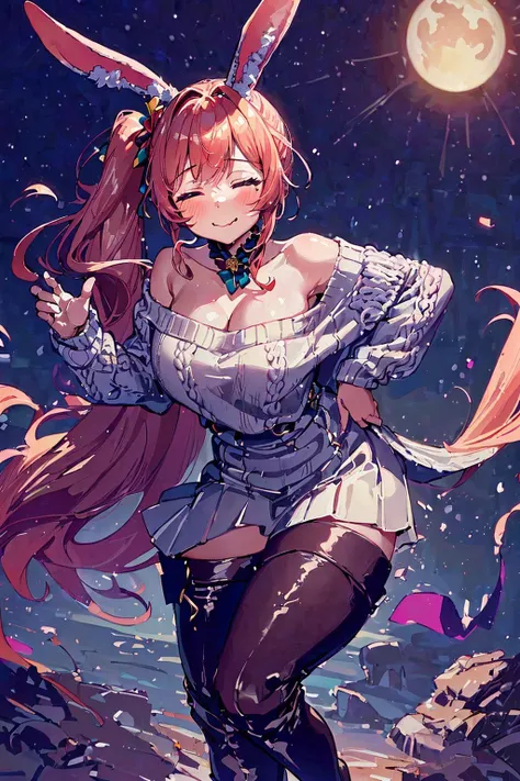 (masterpiece, top quality, best quality, beautiful and aesthetic:1.2), (1girl:1.3), original,, coral hair, very long hair, side ponytail, iridescence eyes, mature female, milf, (off-shoulder sweater, long skirt, thigh high boots), large breasts, wavy mouth, animal ears, bunny ears, panorama, school, midnight, (dynamic pose), (closed eyes:1.2), smile