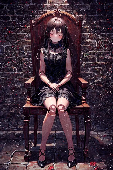 <lora:doll_joints_v0.1:1> doll joints, chair, sitting straight, listless, sleeping, overhead lighting, gothic dress, sleeveless, closed eyes, centered, spider web, brick wall, dim light, (masterpiece, top quality, extremely detailed, best quality, beautiful and aesthetic:1.2), (1girl:1.3), original, high resolution, surreal,