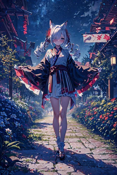 (best quality, masterpiece), (extremely detailed:1.3), 8k, cinematic lighting, (1girl), scenery, HDR, (fractal art:1.2), flat color, pastel colors, (spider lily \(flower\)), night, miko, fox girl, fox ears, holding paper lantern, looking away, walking, full body, flowerbed,, hair over one eye, low twintails, twin drills,