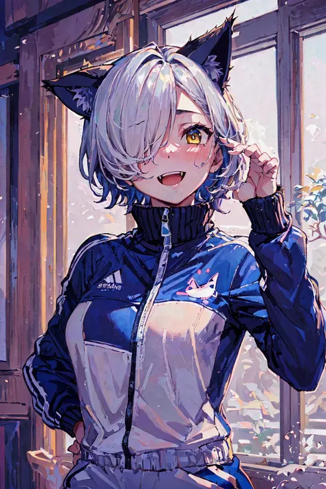 (masterpiece, top quality, best quality, beautiful and aesthetic:1.2), (1girl:1.3), original,, starry print hair, very short hair, hair over one eye, yellow eyes, muscular female, tracksuit, small breasts, tearing up, animal ears, cat ears, upper body, hakodate, indoors, (dynamic pose:1.2), laughing