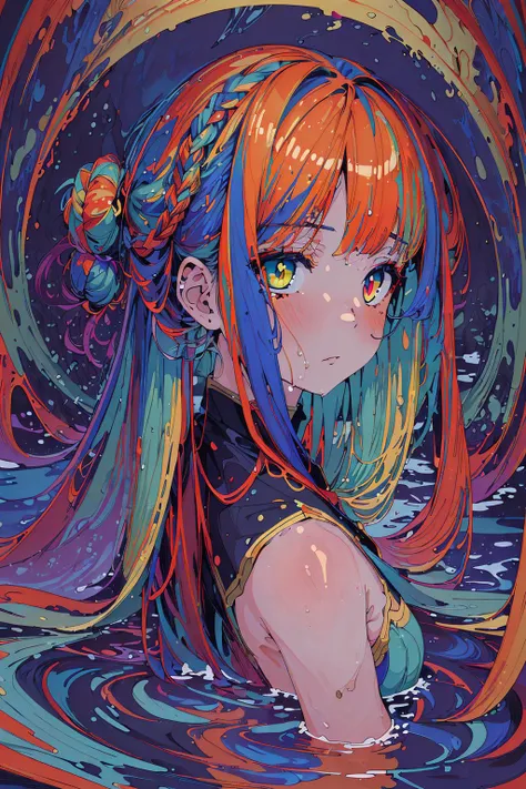 (masterpiece, top quality, best quality, beautiful and aesthetic:1.2), (1girl:1.3),( flat color:1.3), high resolution, extremely detailed, original, colorful, color splash, water, splashing, atmospheric perspective, <lora:Addams:0.5>,, hair pulled back, braided bun, hair flaps,