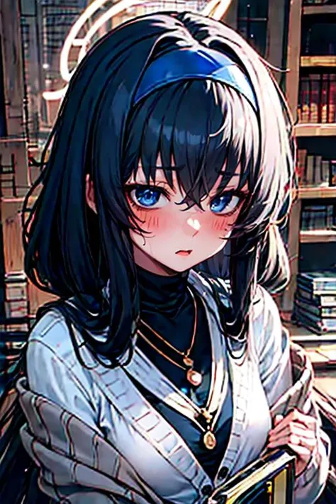 (masterpiece, best quality), 1girl, beautiful face, <lora:ui_bluearchive:1> ui_bluearchive, long_hair, black_hair, bangs, hairband, halo, bags_under_eyes, blue_hairband, blue_eyes, hair_between_eyes, blush, jewelry, necklace, cardigan, very_long_hair, breasts