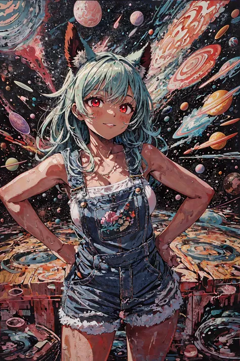 <lora:TUYA5:1> surrealistic, tuyawang, abstract, doodle art, (masterpiece, top quality, extremely detailed, best quality, beautiful and aesthetic:1.2), (1girl:1.3), original, high resolution, surreal,, from above, space, dark, hands on hips, turquoise hair, long hair, retriever hair, red eyes, dark skin, dark-skinned female, camisole, Overalls, medium breasts, light smile, animal ears, ear fluff, neutral expression