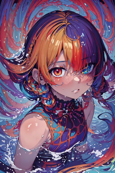 (masterpiece, top quality, best quality, beautiful and aesthetic:1.2), (1girl:1.3),( flat color:1.3), high resolution, extremely detailed, original, colorful, color splash, water, splashing, atmospheric perspective, <lora:Addams:0.5>,, one eye visible through hair, short twin braid, ringlets,