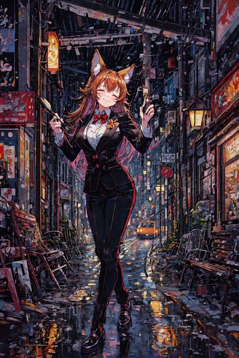 <lora:TUYA5:1> surrealistic, tuyawang, abstract, doodle art, (masterpiece, top quality, extremely detailed, best quality, beautiful and aesthetic:1.2), (1girl:1.3), original, high resolution, surreal,, full body, hong kong \(city\), traffic signals, street lights, neon signs, indoors, arm up, amber hair, very long hair, shaggy hair, brown eyes, monster girl, tuxedo, bowtie, large breasts, (closed eyes:1.2), smile, animal ears, smile