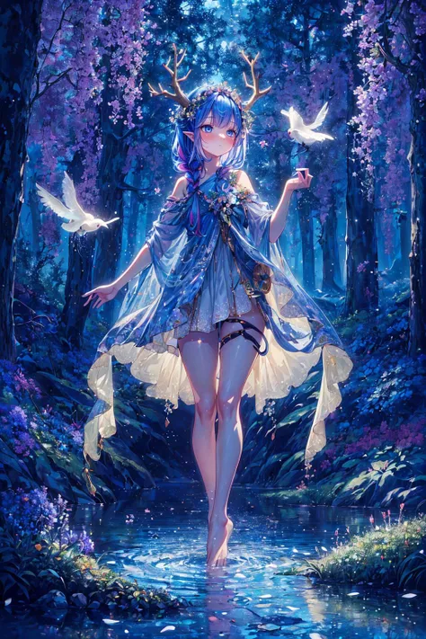 (masterpiece, top quality, best quality, beautiful and aesthetic:1.3), (1girl:1.3), (fractal art:1.3), original, extreme detailed, colorful, enchanted forest, nature, trees, dryad, antlers, pointy ears, flowers, active pose, full body, flower hair, bright color hair, glowing hair, divine, goddess, barefoot, doll face, upturned eyes, long eyelashes, animals, birds, (nude:0.5), looking away, ((glowing water)), lake, flower bed, ((wisps)), (night), petite  <lora:add_detail:0.7>, bangs, side braid, pointy hair,