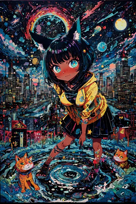 <lora:TUYA5:1.2> surrealistic, tuyawang, abstract, doodle art, (masterpiece, top quality, best quality, beautiful and aesthetic:1.2), (1girl:1.3), original, high resolution, surreal,, wide angle, wide shot, full body, rooftop, tokyo \(city\), building, skyscraper, noon, leaning forward, turquoise hair, very short hair, spiralcurl, iridescence eyes, dark skin, dark-skinned female, (starry print hoodie, layered skirt), medium breasts, relaxed, animal ears, embarrassed, nose blush