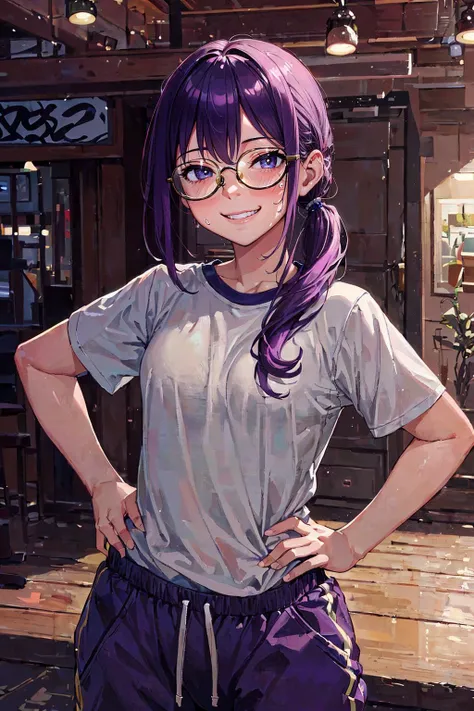 (masterpiece, top quality, best quality, beautiful and aesthetic:1.2), (1girl:1.3), original,, purple hair, medium hair, side ponytail, gray eyes, petite, iridescence t-shirt, sweatpants, medium breasts, smirk, round glasses, upper body, doutonbori, indoors, light, hands on hips, half-closed eyes, smile