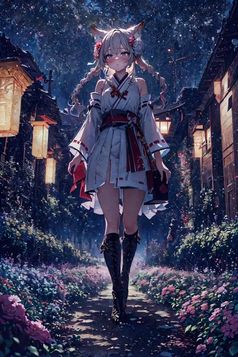 (best quality, masterpiece), (extremely detailed:1.3), 8k, cinematic lighting, (1girl), scenery, HDR, (fractal art:1.2), pastel colors, night, miko, fox girl, fox ears, holding paper lantern, looking away, walking, full body, flowerbed,, hair_pulled_back, braided bun, drill hair,