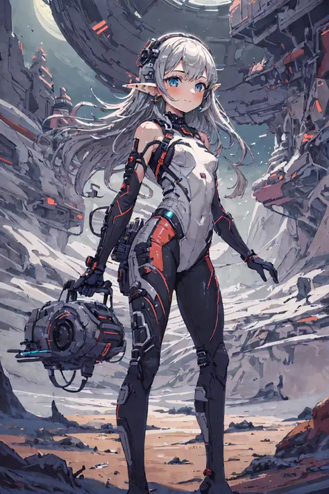 ico_megamanxdive, 1girl, blue eyes, solo, white hair, android, large breasts, black gloves, short hair, thighhighs, necktie, high quality, masterpiece, standing next to a swamp and castle surrounded by mist, outdoors, tree, solo, from behind, bird, facing away, scenery