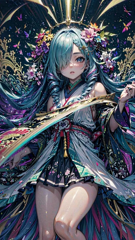 (masterpiece, top quality, best quality, beautiful and aesthetic:1.2), (1girl:1.3), (fractal art:1.3), original, high resolution, extremely detailed, detailed background, abstract background, multicolored background, cinematic lighting, illustration, solo, active pose, kareido (kaleidoscope), (japanese theme:1), divinity, light rays, hair ornament, geometry,, hair over one eye, side braid, drill hair,