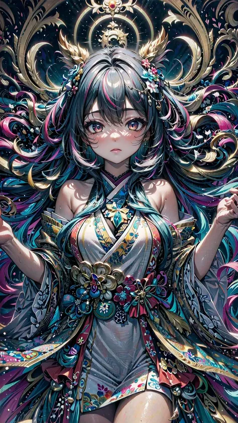 (masterpiece, top quality, best quality, beautiful and aesthetic:1.2), (1girl:1.3), (fractal art:1.3), original, high resolution, extremely detailed, detailed background, abstract background, multicolored background, cinematic lighting, illustration, solo, active pose, kareido (kaleidoscope), (japanese theme:1), divinity, light rays, hair ornament, geometry,, one eye visible through hair, retriever hair, curly hair,