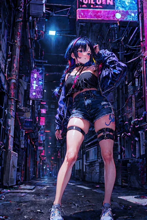 (best quality, masterpiece), (extremely detailed:1.3), 8k, cinematic lighting, (1girl), scenery, HDR, (fractal art:1.2), intricate design, solo, streaked hair, choker, thigh strap, tattoo, vibrant colors, urban, neon, brick wall, concrete, casual, dynamic pose, looking away, blacklight, <lora:blacklight:1>   <lora:add_detail:0.5> night,, one eye visible through hair, french braid, drill hair,